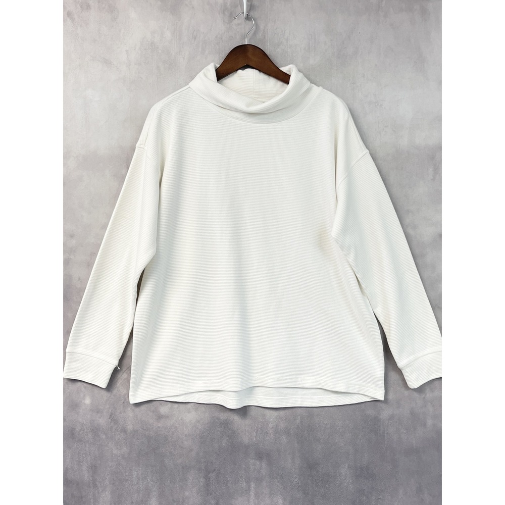 Lands End Womens Cowl Neck Waffle Knit Top XL White Minimalist Cozy Hygge Modest